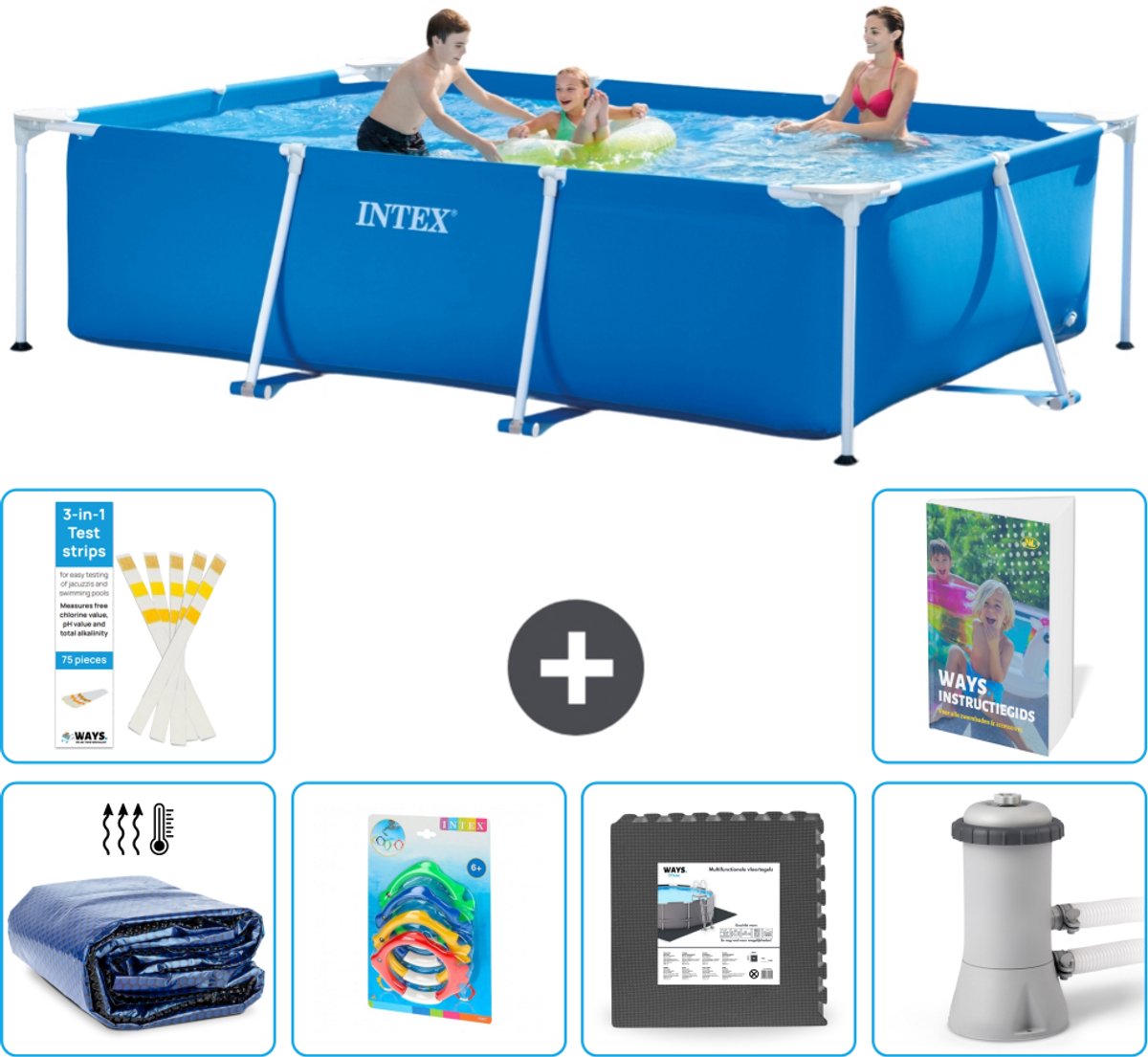 Intex Rechthoekig Frame Zwembad - 300 x 200 x 75 cm - Blauw - Inclusief Solarzeil - Speelgoed - Vloertegels - Zwembadfilterpomp - 7-delig