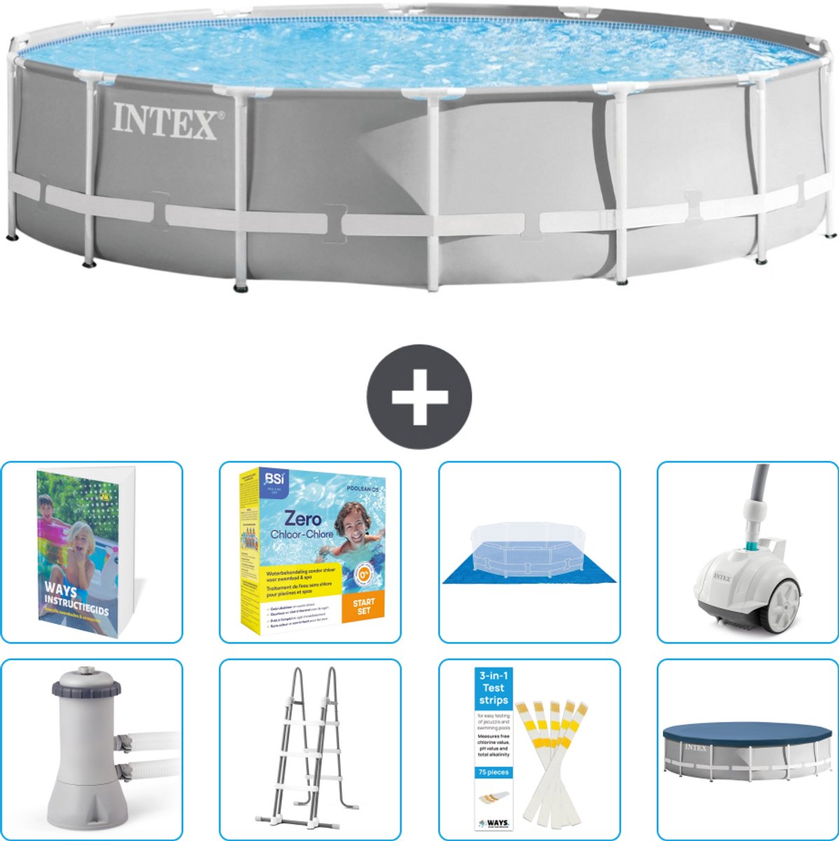 Intex Rond Prism Frame Zwembad - 427 x 107 cm - Grijs - Inclusief Pomp - Ladder - Grondzeil - Afdekzeil - Onderhoudspakket - Stofzuiger - 9-delig
