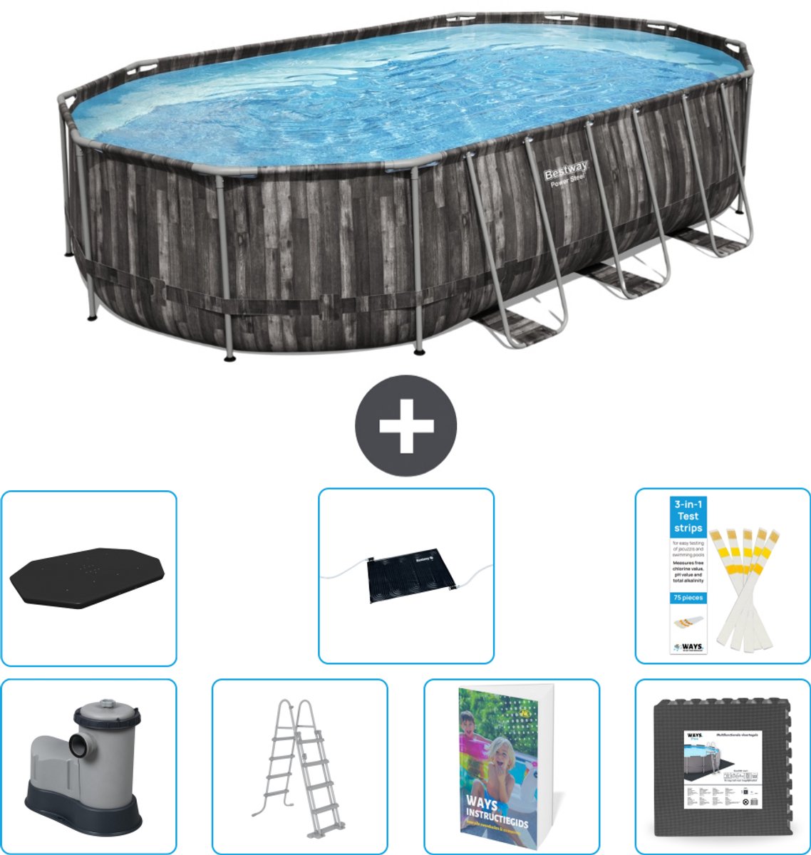 Bestway Ovaal Power Steel Zwembad - 610 x 366 x 122 - Grijs - Inclusief Pomp - Ladder - Afdekzeil - Solar Mat - Vloertegels - 8-delig