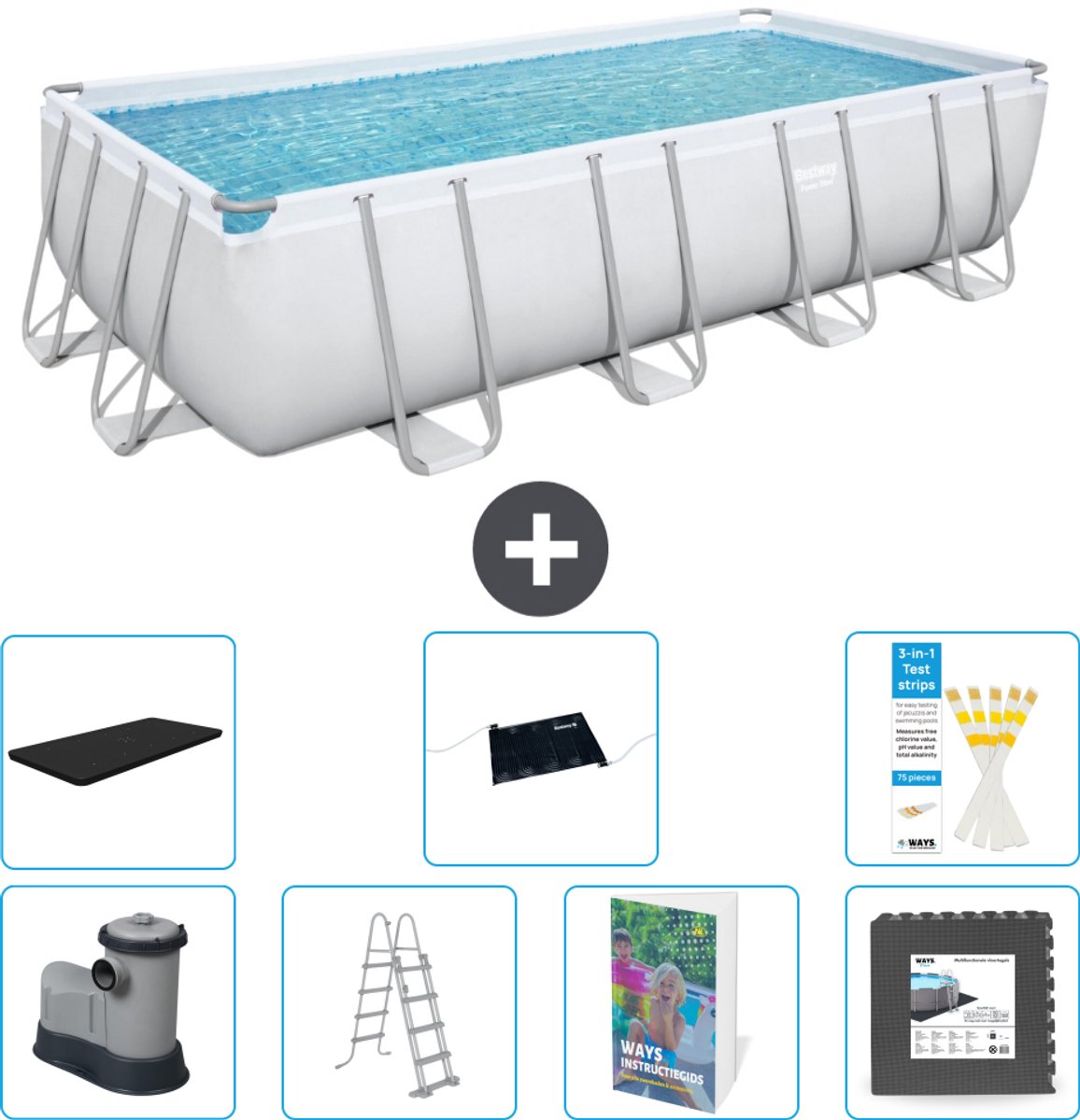 Bestway Rechthoekig Power Steel Zwembad - 549 x 274 x 122 - Grijs - Inclusief Pomp - Ladder - Afdekzeil - Solar Mat - Vloertegels - 8-delig