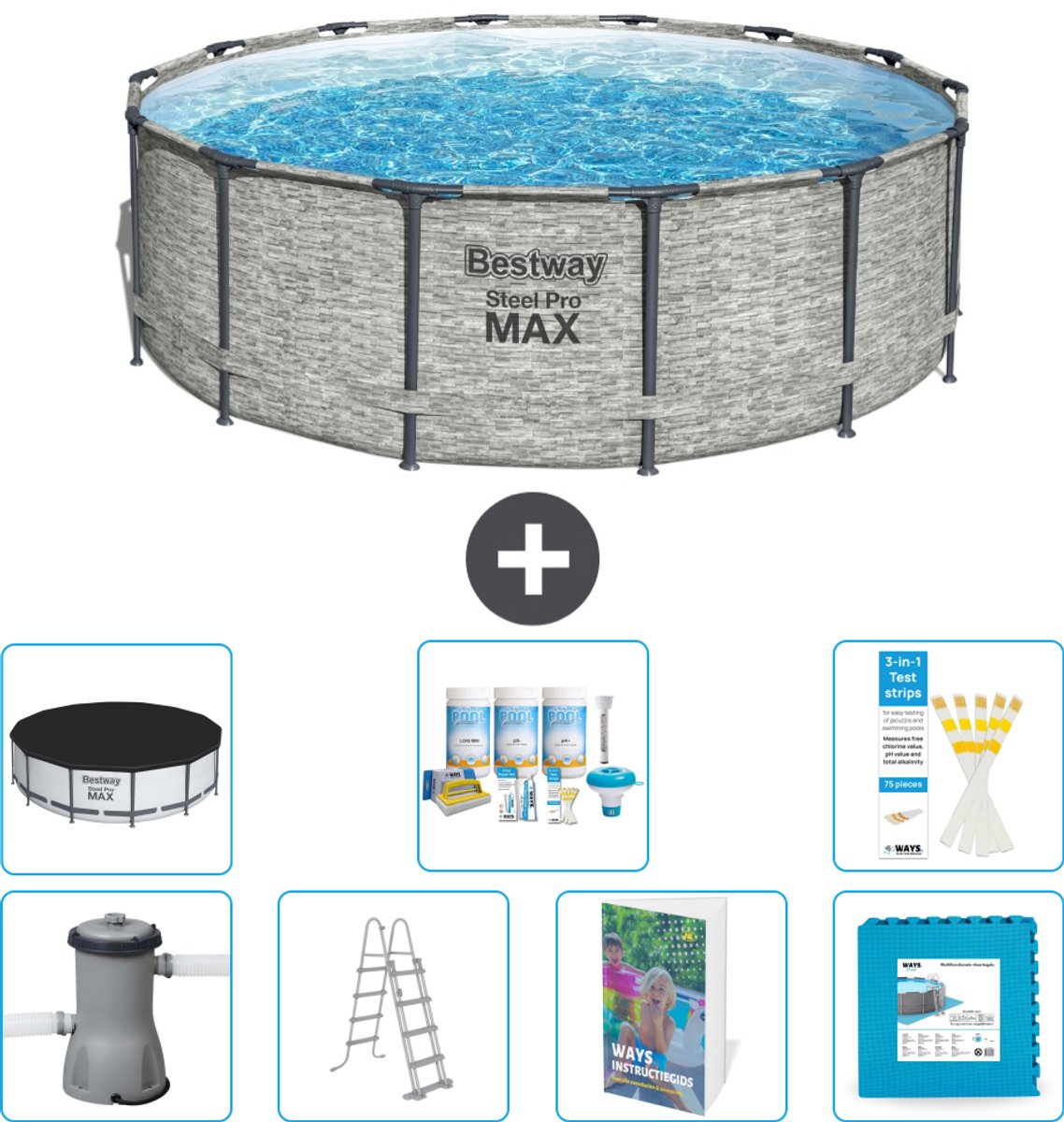 Bestway Rond Steel Pro MAX Zwembad - Steenprint - 427 x 122 cm - Inclusief Pomp - Ladder - Afdekzeil - Onderhoudspakket - Vloertegels - 8-delig