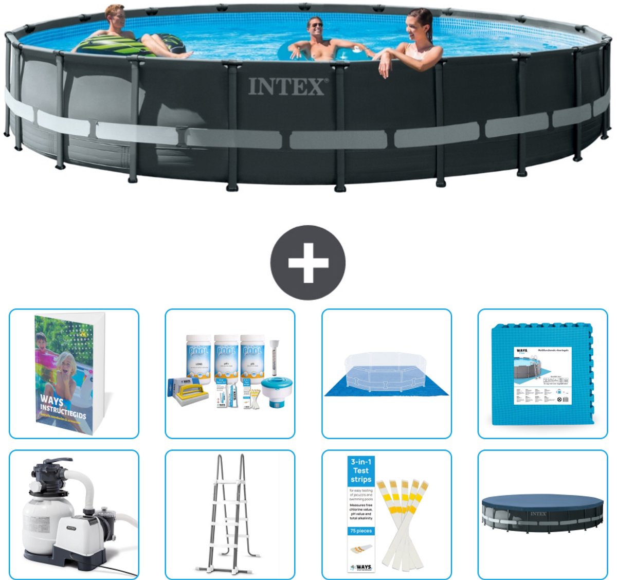 Intex Rond Ultra XTR Frame Zwembad - 610 x 122 cm - Inclusief Pomp - Ladder - Grondzeil - Afdekzeil - Onderhoudspakket - Vloertegels - 9-delig