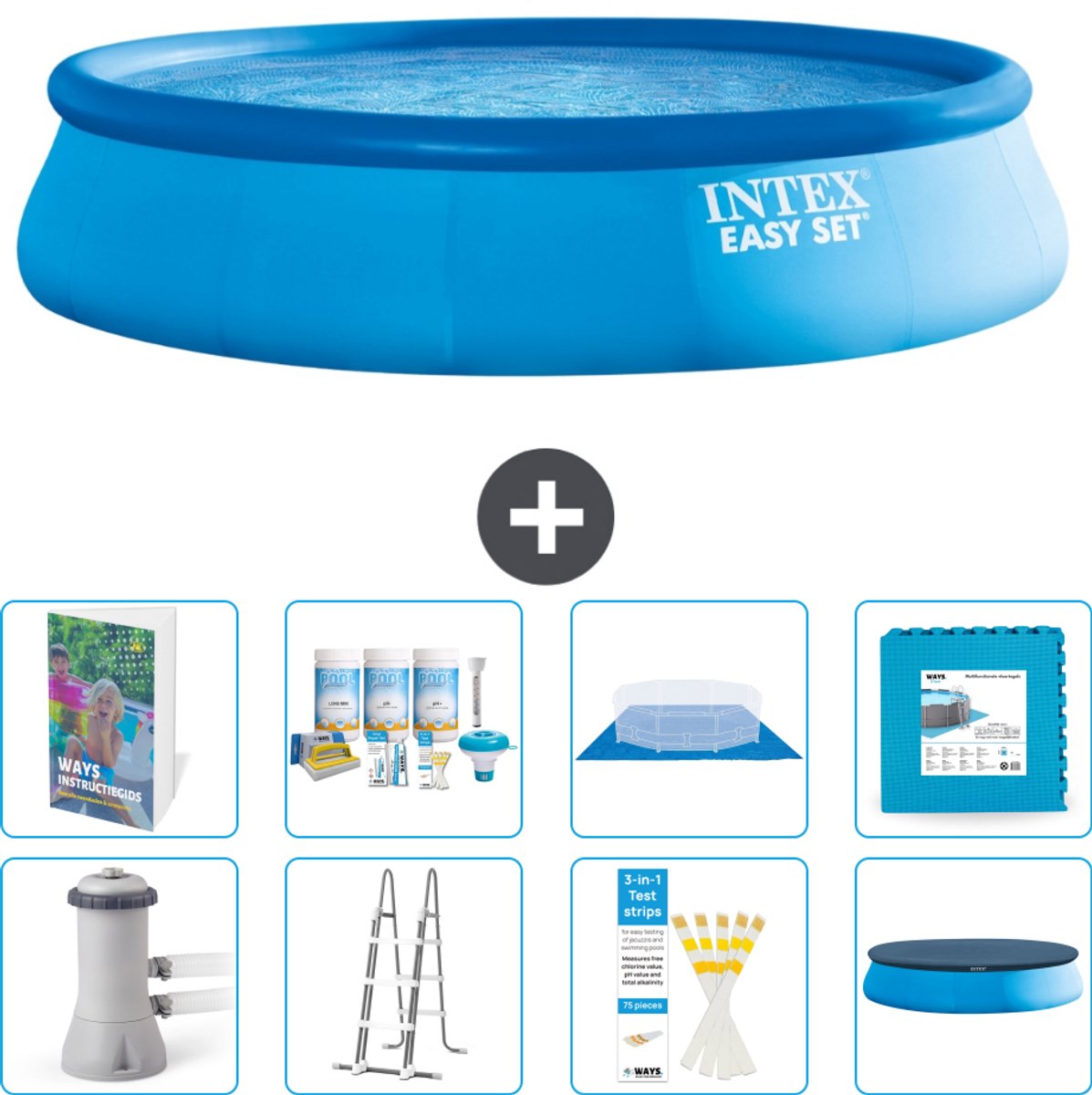 Intex Rond Opblaasbaar Easy Set Zwembad - 457 x 107 cm - Blauw - Inclusief Pomp - Ladder - Grondzeil - Afdekzeil - Onderhoudspakket - Vloertegels - 9-delig