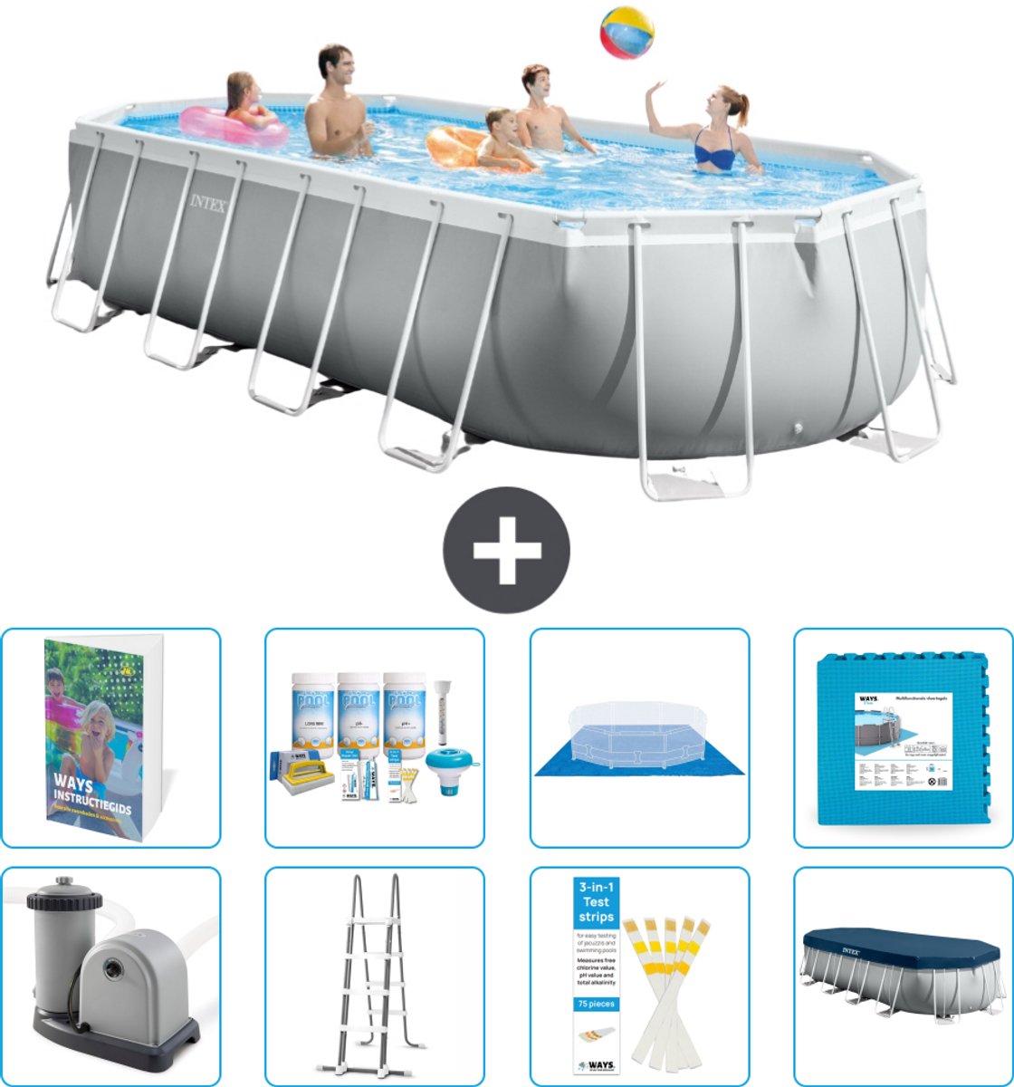 Intex Ovaal Prism Frame Zwembad - 610 x 305 x 122 cm - Grijs - Inclusief Pomp - Ladder - Grondzeil - Afdekzeil - Onderhoudspakket - Vloertegels - 9-delig