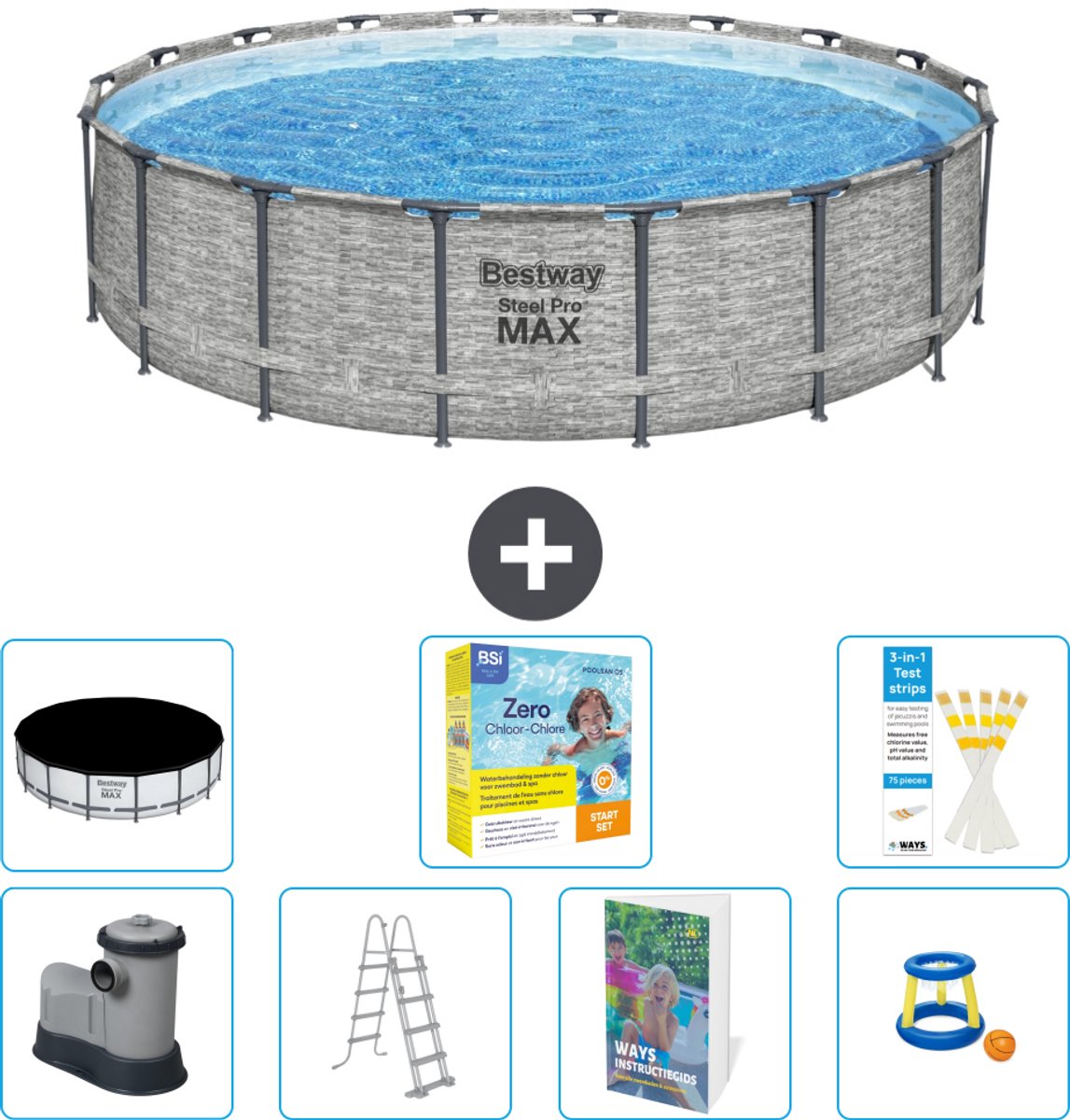 Bestway Rond Steel Pro MAX Zwembad - Steenprint - 549 x 122 - Inclusief Pomp - Ladder - Afdekzeil - Onderhoudspakket - Speelgoed - 8-delig