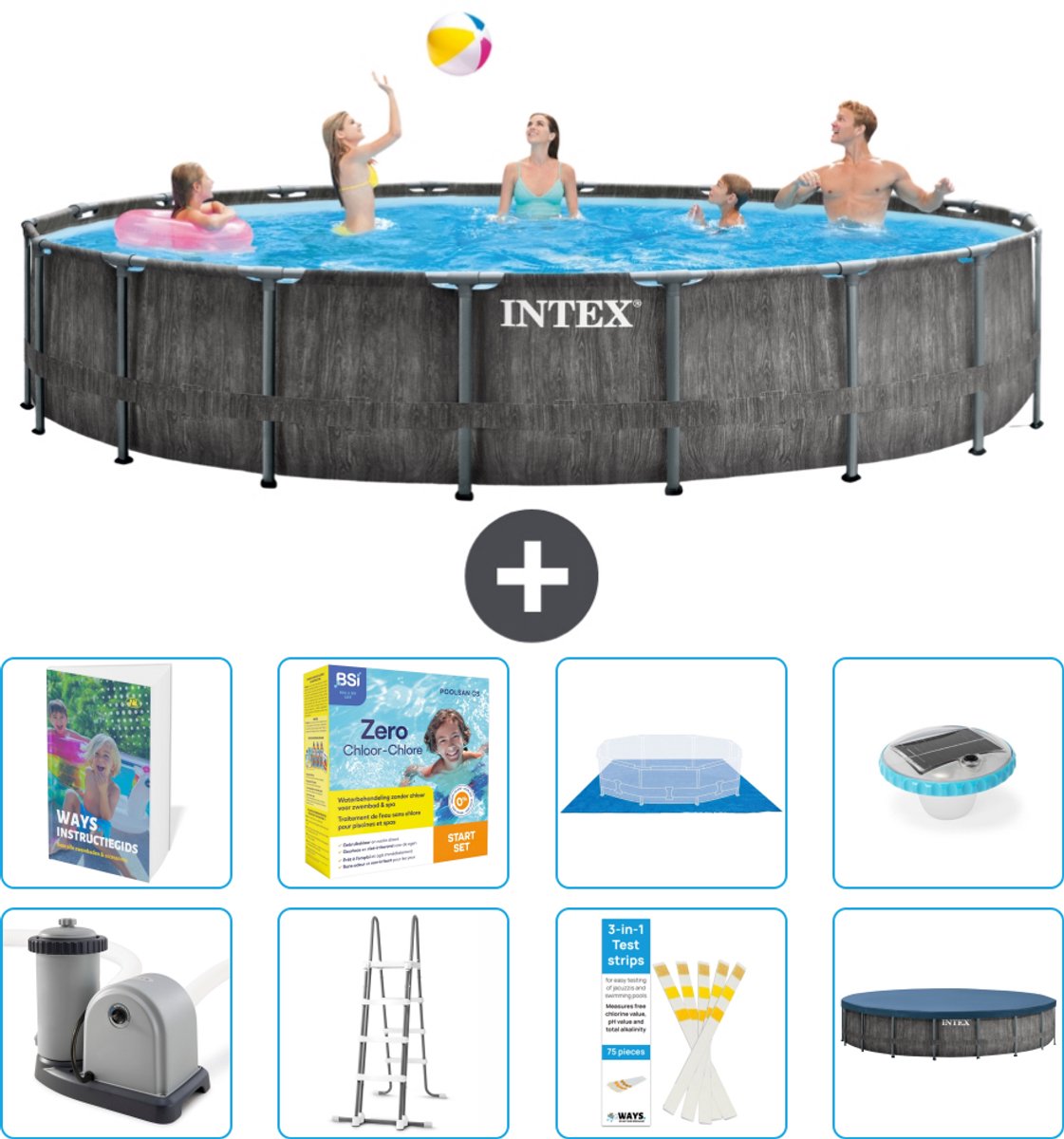 Intex Rond Prism Frame Greywood Zwembad - 549 x 122 cm - Inclusief Pomp - Ladder - Grondzeil - Afdekzeil - Onderhoudspakket - Verlichting - 9-delig