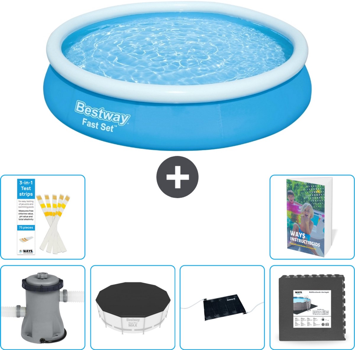 Bestway Rond Opblaasbaar Fast Set Zwembad - 366 x 76 cm - Blauw - Inclusief Pomp - Afdekzeil - Solar Mat - Vloertegels - 7-delig