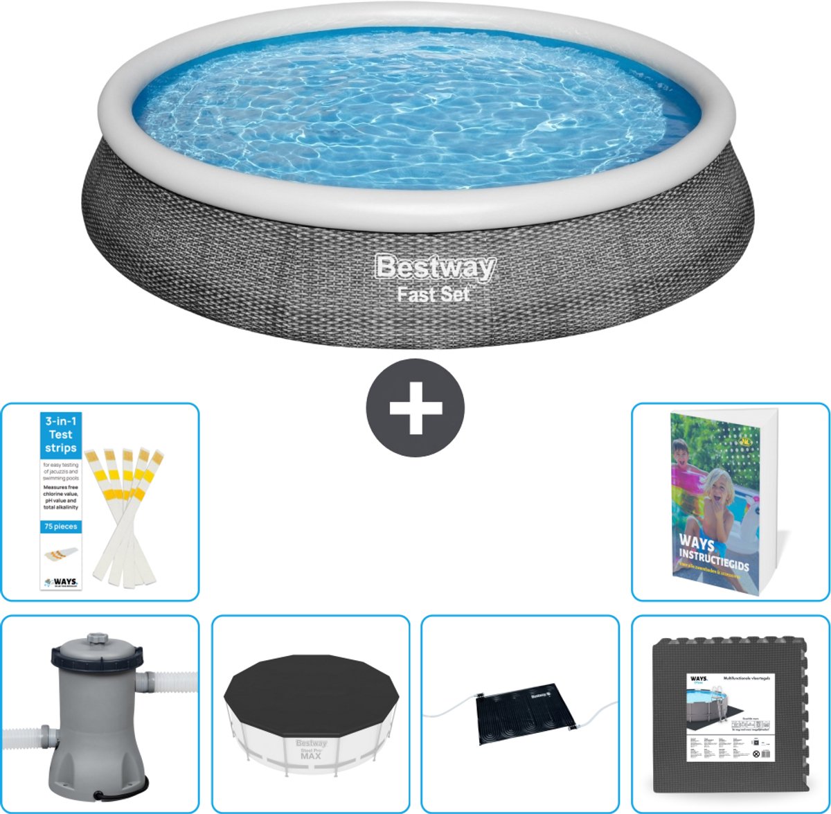 Bestway Rond Opblaasbaar Fast Set Zwembad - Rotanprint - 396 x 84 cm - Inclusief Pomp - Afdekzeil - Solar Mat - Vloertegels - 7-delig