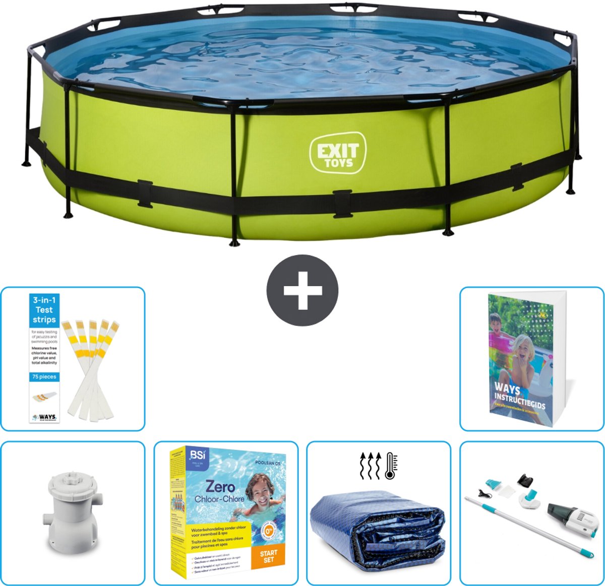 EXIT Rond Lime Frame Zwembad - 360 x 76 cm - Inclusief Pomp - Onderhoudspakket - Solarzeil - Stofzuiger - 7-delig
