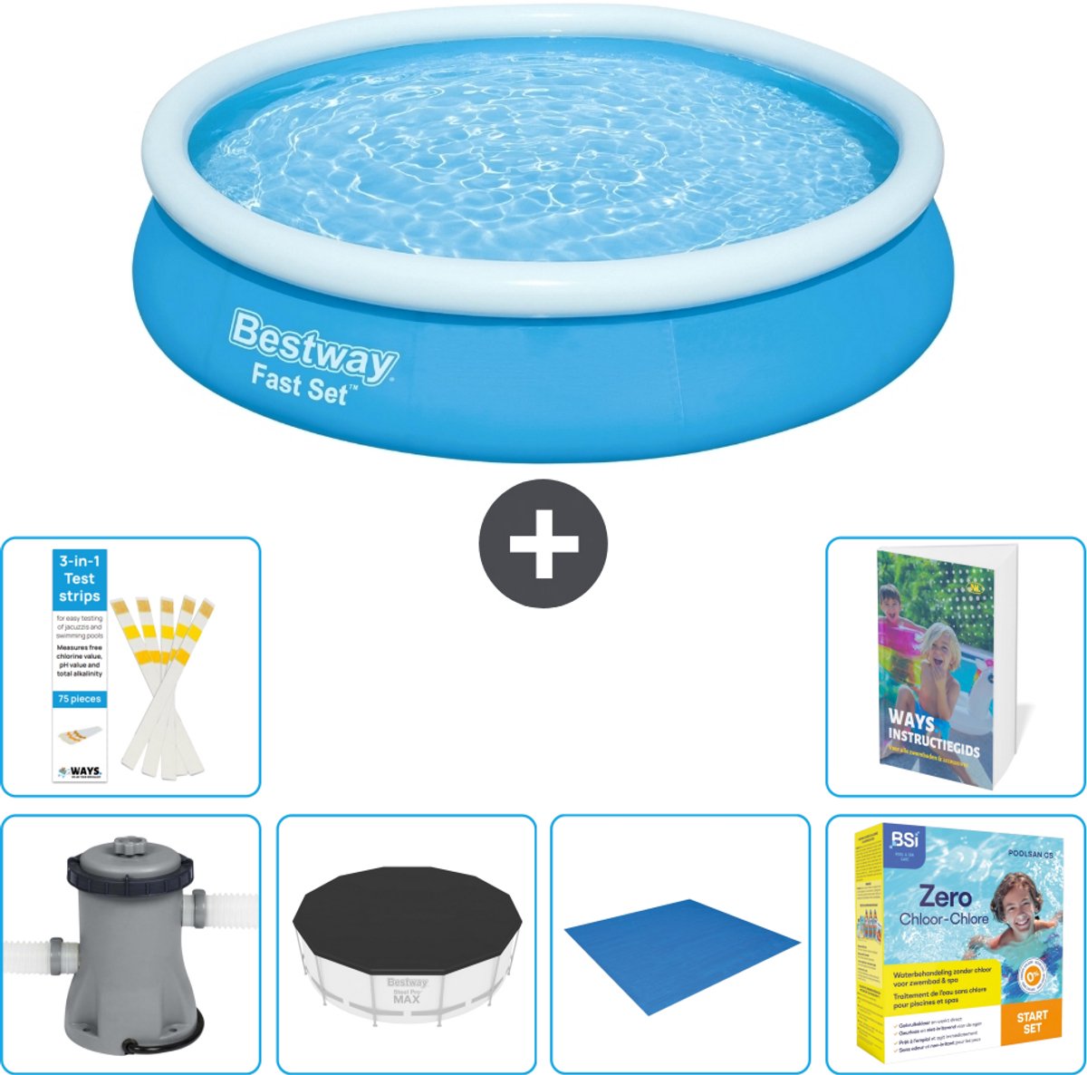 Bestway Rond Opblaasbaar Fast Set Zwembad - 366 x 76 cm - Blauw - Inclusief Pomp - Afdekzeil - Grondzeil - Onderhoudspakket - 7-delig