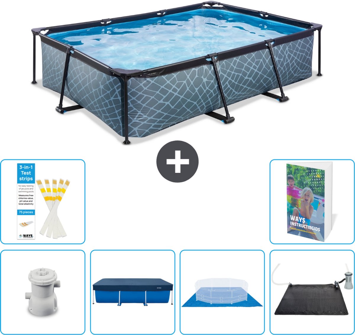 EXIT Rechthoekig Stone Frame Zwembad - 300 x 200 x 65 cm - Inclusief Pomp - Afdekzeil - Grondzeil - Solar Mat - 7-delig