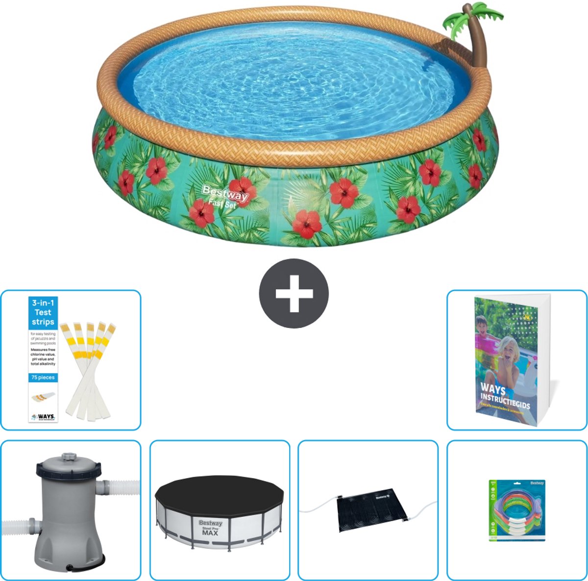 Bestway Rond Opblaasbaar Fast Set Zwembad - Paradijsprint - 457 x 84 cm - Inclusief Pomp - Afdekzeil - Solar Mat - Speelgoed - 7-delig