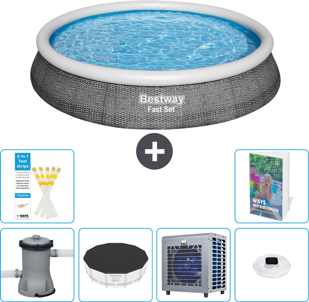 Bestway Rond Opblaasbaar Fast Set Zwembad - Rotanprint - 396 x 84 cm - Inclusief Pomp - Afdekzeil - Warmtepomp - Verlichting - 7-delig