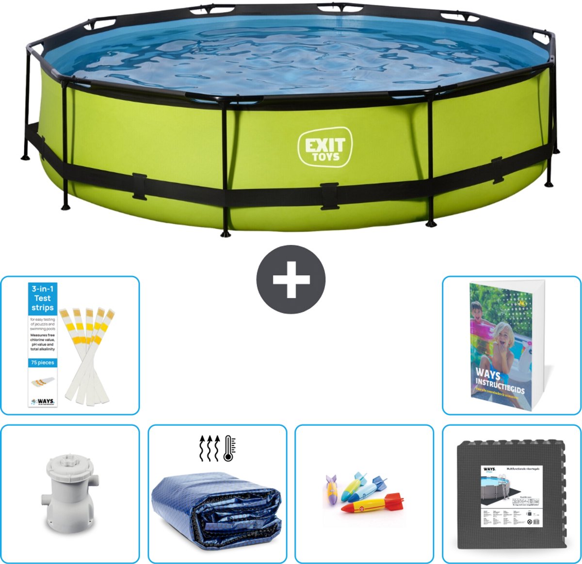 EXIT Rond Lime Frame Zwembad - 360 x 76 cm - Inclusief Pomp - Solarzeil - Speelgoed - Vloertegels - 7-delig