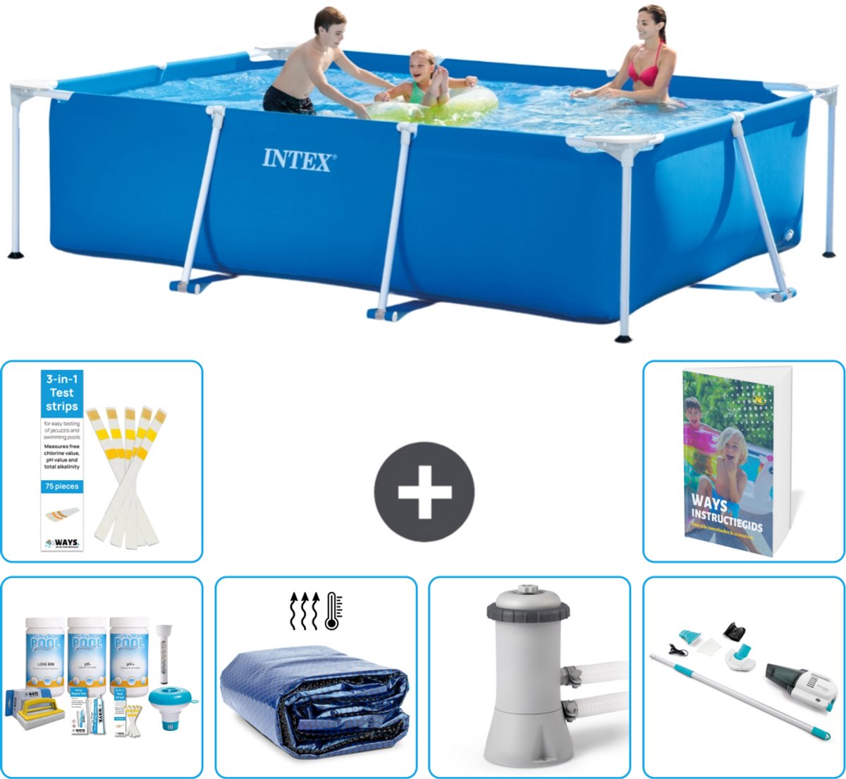 Intex Rechthoekig Frame Zwembad - 300 x 200 x 75 cm - Blauw - Inclusief Onderhoudspakket - Solarzeil - Zwembadfilterpomp - Stofzuiger - 7-delig