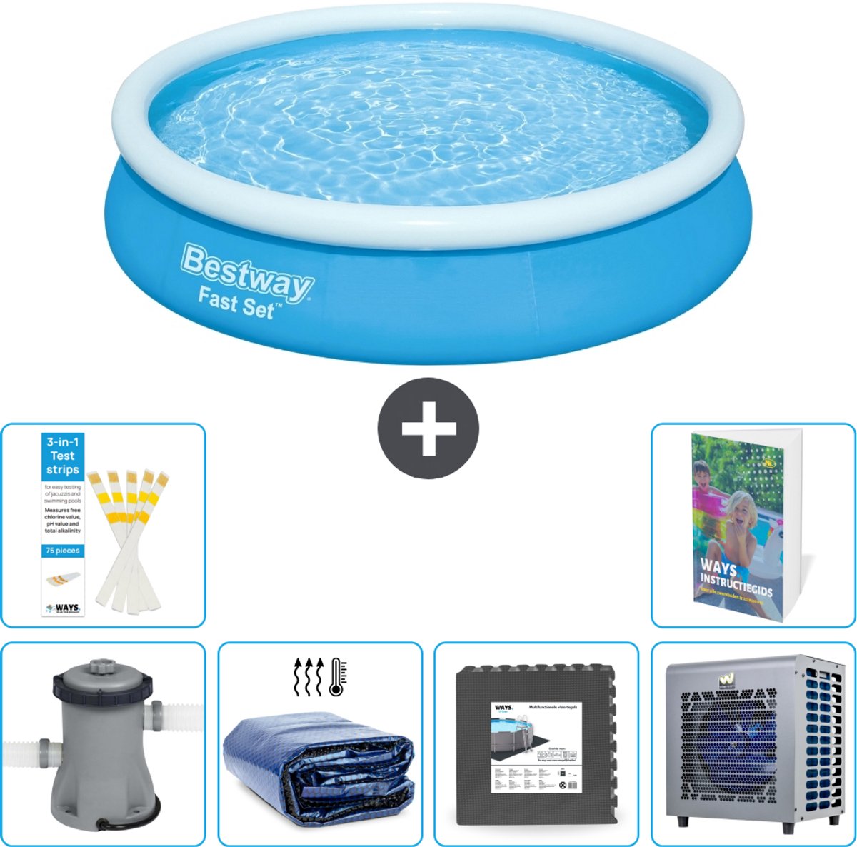 Bestway Rond Opblaasbaar Fast Set Zwembad - 366 x 76 cm - Blauw - Inclusief Pomp - Solarzeil - Vloertegels - Warmtepomp - 7-delig
