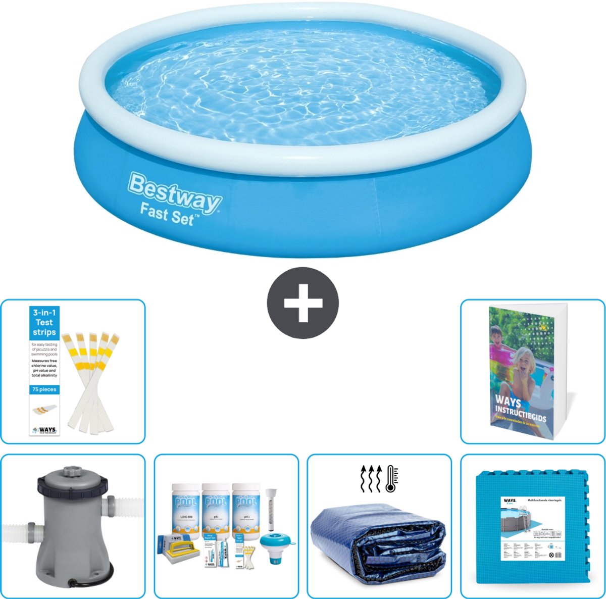 Bestway Rond Opblaasbaar Fast Set Zwembad - 366 x 76 cm - Blauw - Inclusief Pomp - Onderhoudspakket - Solarzeil - Vloertegels - 7-delig
