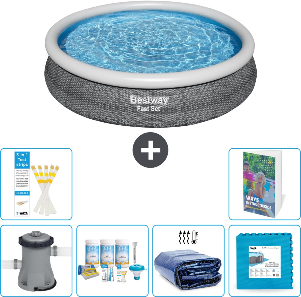 Bestway Rond Opblaasbaar Fast Set Zwembad - Rotanprint - 366 x 76 cm - Inclusief Pomp - Onderhoudspakket - Solarzeil - Vloertegels - 7-delig