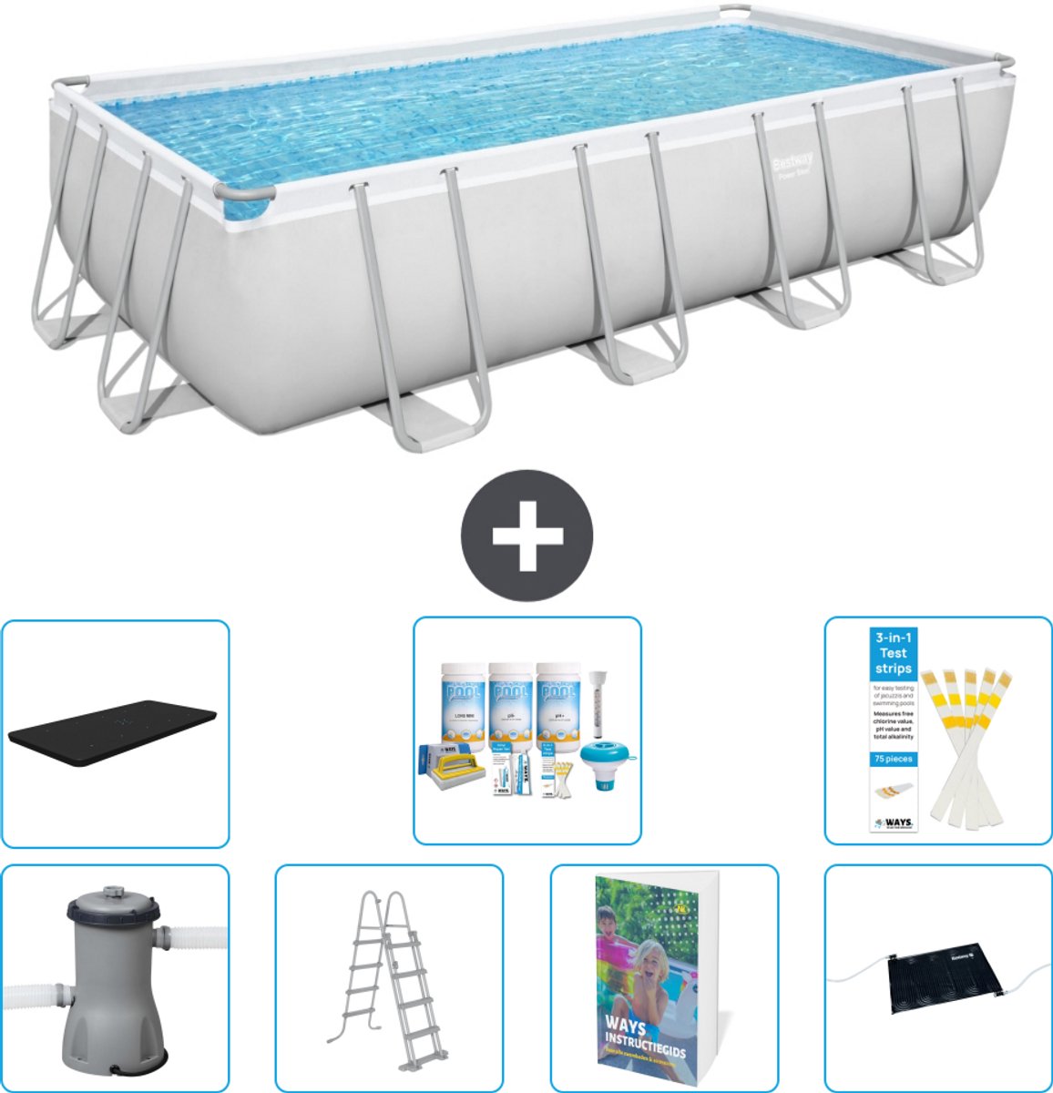 Bestway Rechthoekig Power Steel Zwembad - 488 x 244 x 122 - Grijs Inclusief Pomp - Ladder - Afdekzeil - Onderhoudspakket - Solar Mat - 8-delig