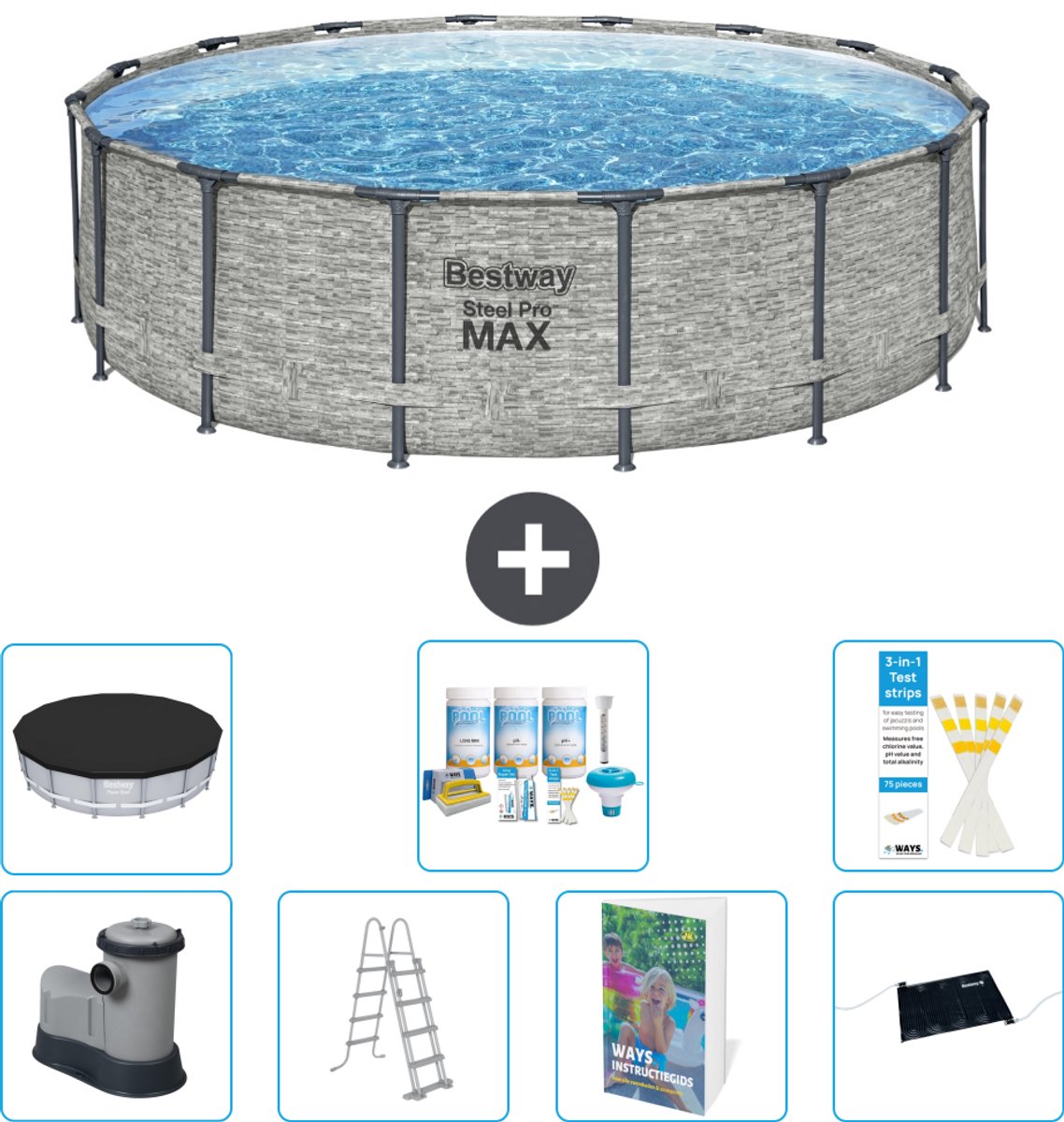 Bestway Rond Steel Pro MAX Zwembad - Steenprint - 488 x 122 cm - Inclusief Pomp - Ladder - Afdekzeil - Onderhoudspakket - Solar Mat - 8-delig