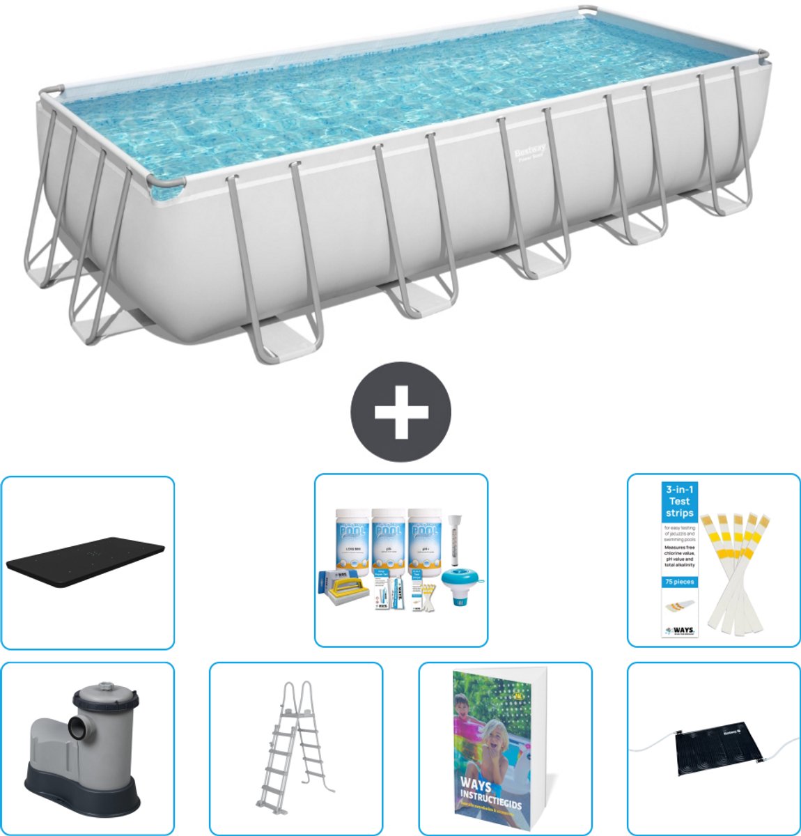 Bestway Rechthoekig Power Steel Zwembad - 640 x 274 x 132 - Grijs - Inclusief Pomp - Ladder - Afdekzeil - Onderhoudspakket - Solar Mat - 8-delig