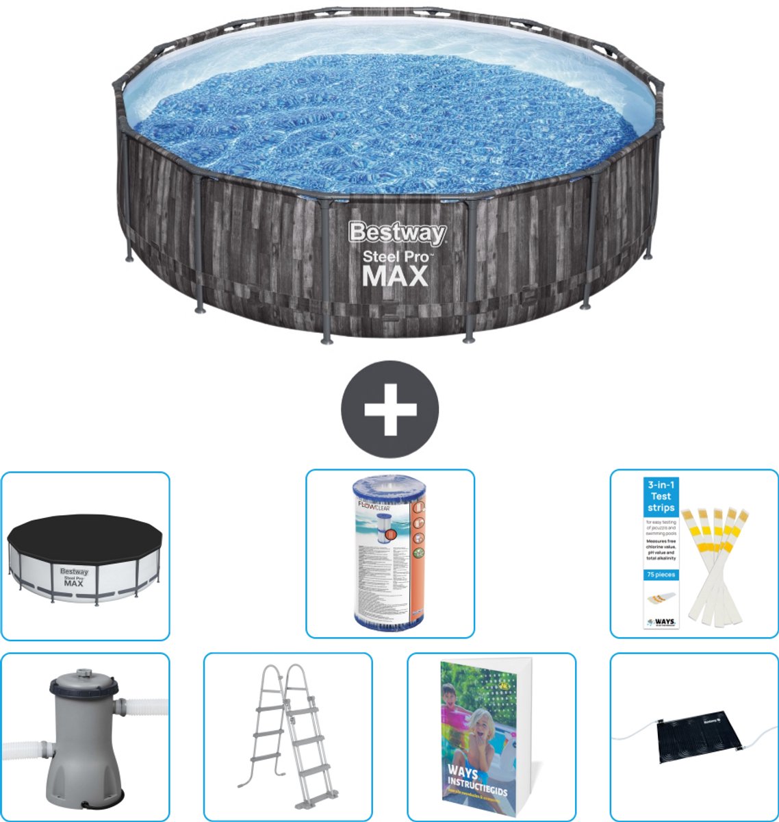 Bestway Rond Steel Pro MAX Zwembad - Houtprint - 427 x 107 cm - Inclusief Pomp - Ladder - Afdekzeil - Filter - Solar Mat - 8-delig