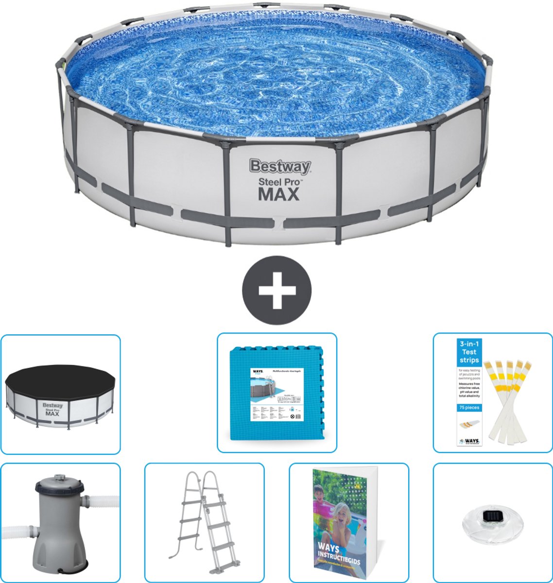 Bestway Rond Steel Pro MAX Zwembad - 457 x 107 cm - Grijs - Inclusief Pomp - Ladder - Afdekzeil - Vloertegels - Verlichting - 8-delig