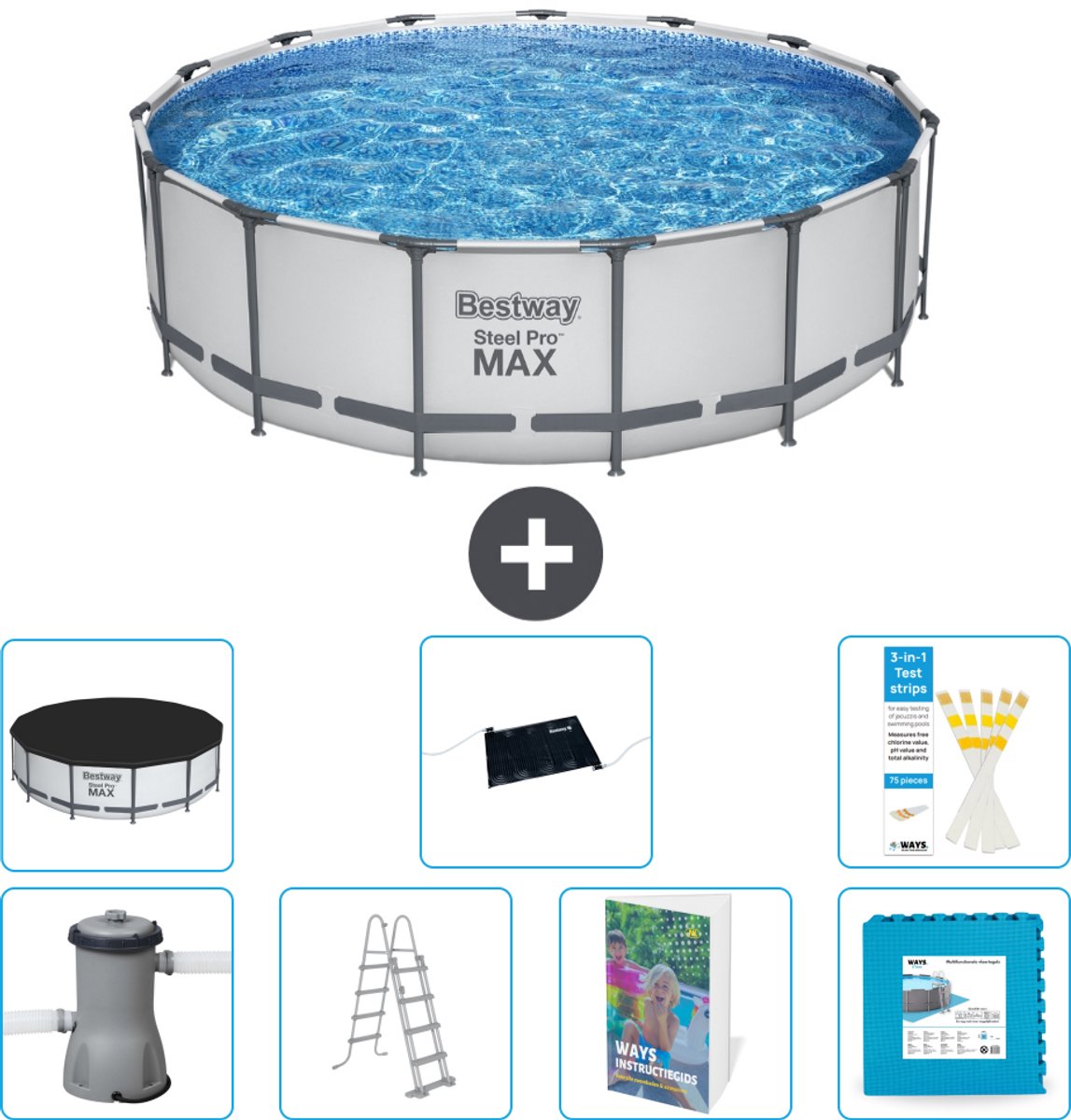 Bestway Rond Steel Pro MAX Zwembad - 457 x 122 cm - Grijs - Inclusief Pomp - Ladder - Afdekzeil - Solar Mat - Vloertegels - 8-delig
