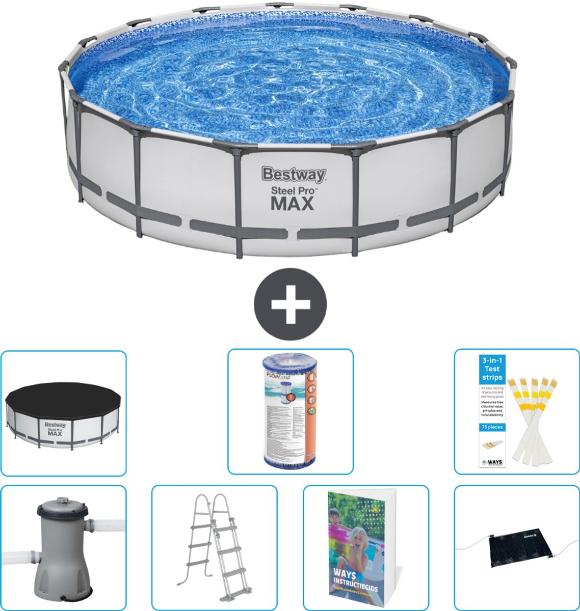 Bestway Rond Steel Pro MAX Zwembad - 457 x 107 cm - Grijs - Inclusief Pomp - Ladder - Afdekzeil - Filter - Solar Mat - 8-delig