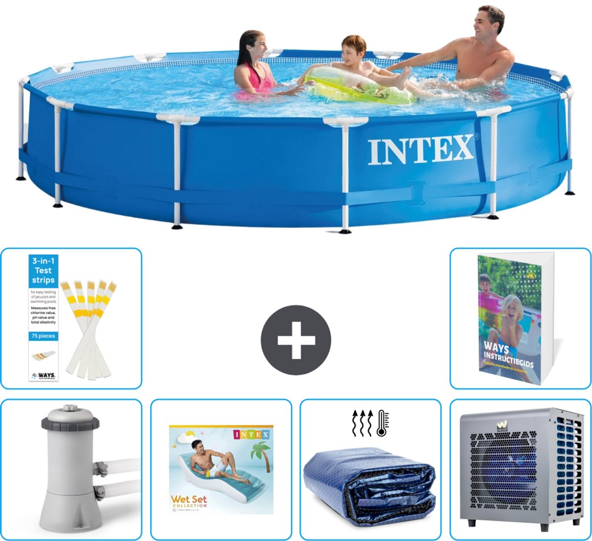Intex Rond Frame Zwembad - 366 x 76 cm - Blauw - Inclusief Pomp - Loungebed - Solarzeil - Warmtepomp - 7-delig