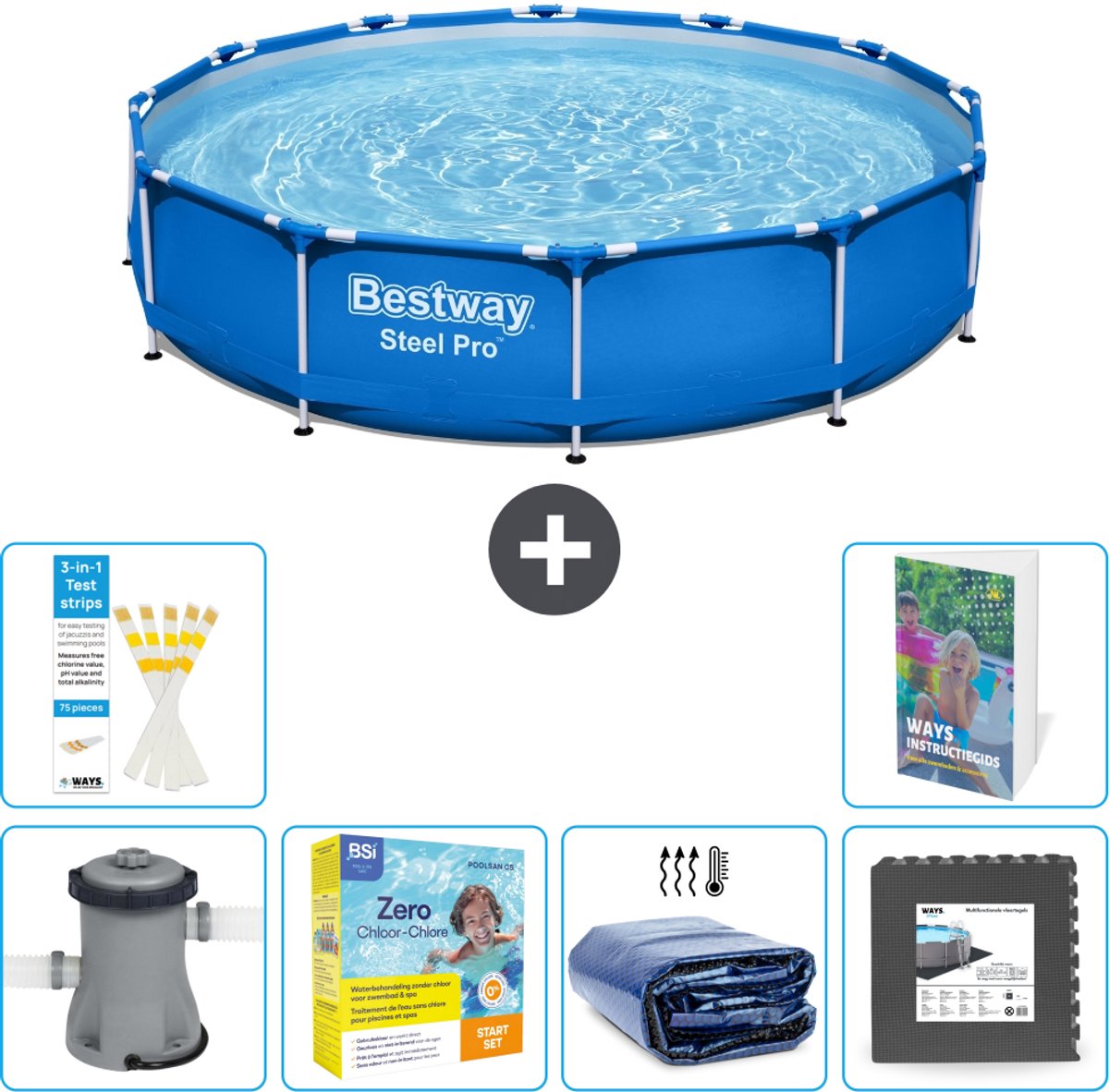 Bestway Rond Steel Pro Zwembad - 366 x 76 cm - Blauw - Inclusief Pomp - Onderhoudspakket - Solarzeil - Vloertegels - 7-delig