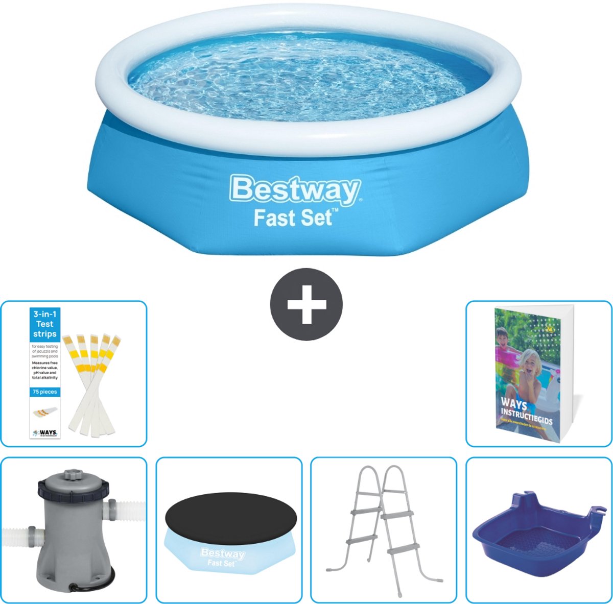 Bestway Rond Opblaasbaar Fast Set Zwembad - 244 x 61 cm - Blauw - Inclusief Pomp - Afdekzeil - Ladder - Voetenbad - 7-delig