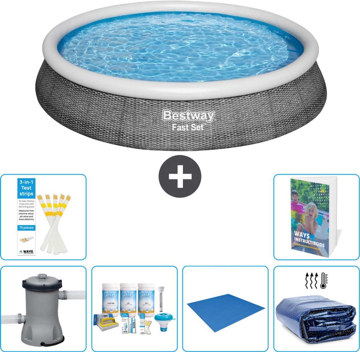 Bestway Rond Opblaasbaar Fast Set Zwembad - Rotanprint - 396 x 84 cm - Inclusief Pomp - Onderhoudspakket - Grondzeil - Solarzeil - 7-delig