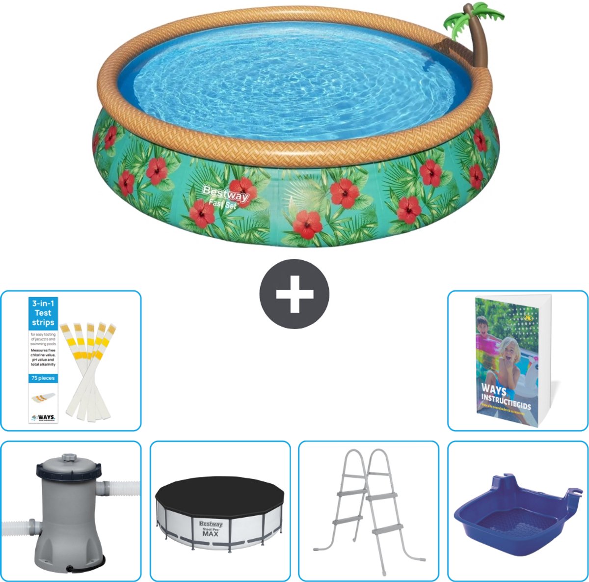 Bestway Rond Opblaasbaar Fast Set Zwembad - Paradijsprint - 457 x 84 cm - Inclusief Pomp - Afdekzeil - Ladder - Voetenbad - 7-delig
