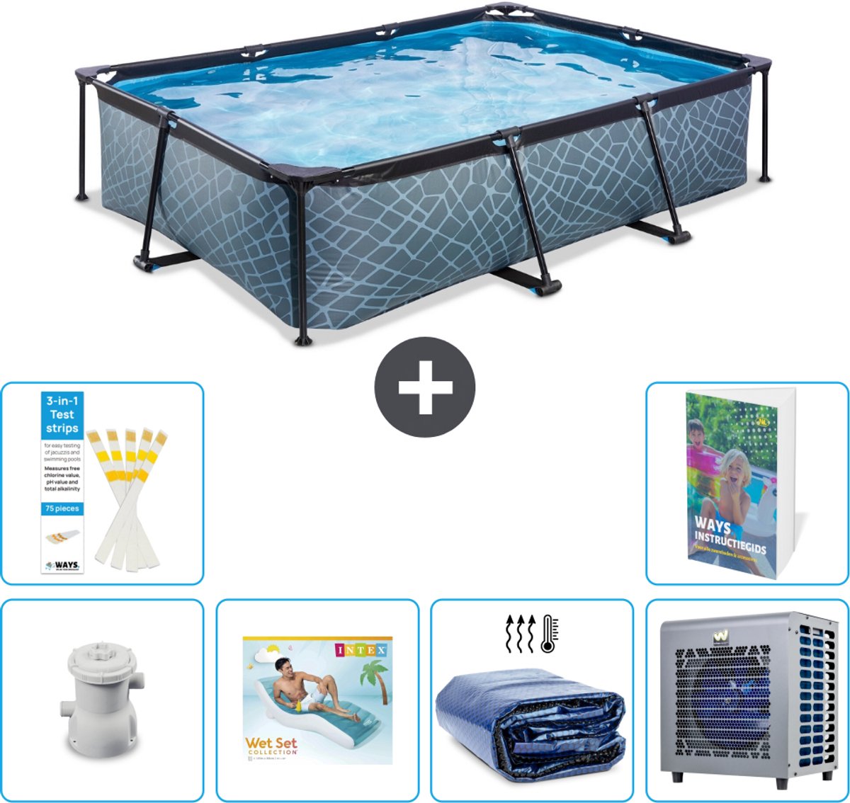 EXIT Rechthoekig Stone Frame Zwembad - 300 x 200 x 65 cm - Inclusief Pomp - Loungebed - Solarzeil - Warmtepomp - 7-delig