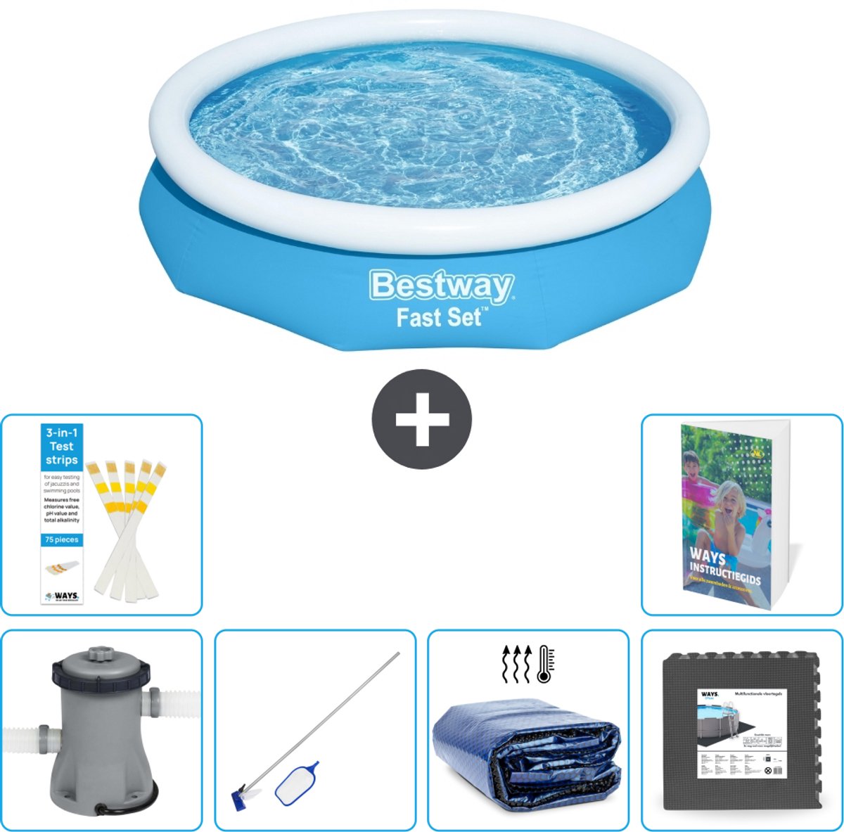 Bestway Rond Opblaasbaar Fast Set Zwembad - 305 x 66 cm - Blauw - Inclusief Pomp - Schoonmaakset - Solarzeil - Vloertegels - 7-delig