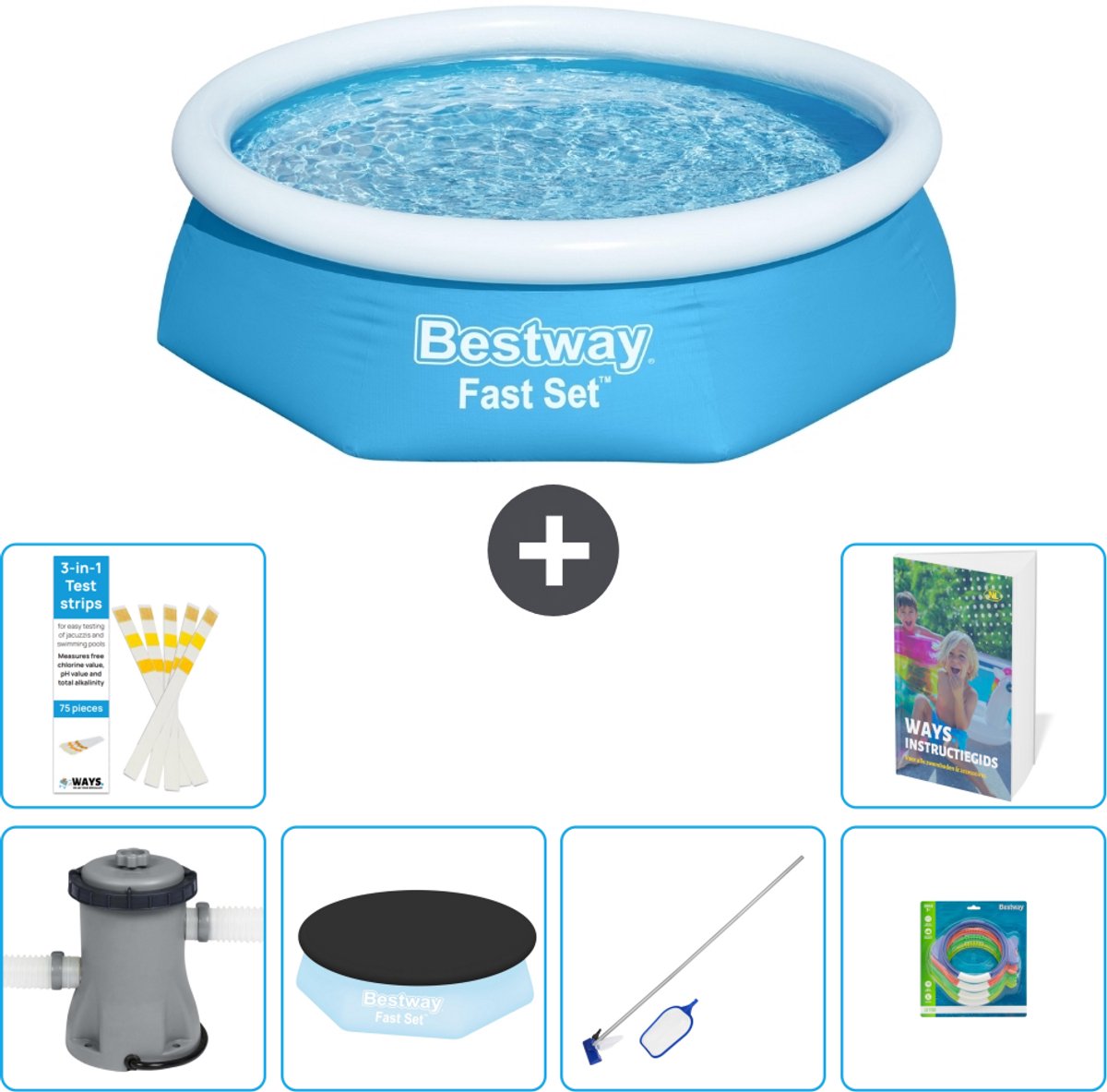 Bestway Rond Opblaasbaar Fast Set Zwembad - 244 x 61 cm - Blauw - Inclusief Pomp - Afdekzeil - Schoonmaakset - Speelgoed - 7-delig