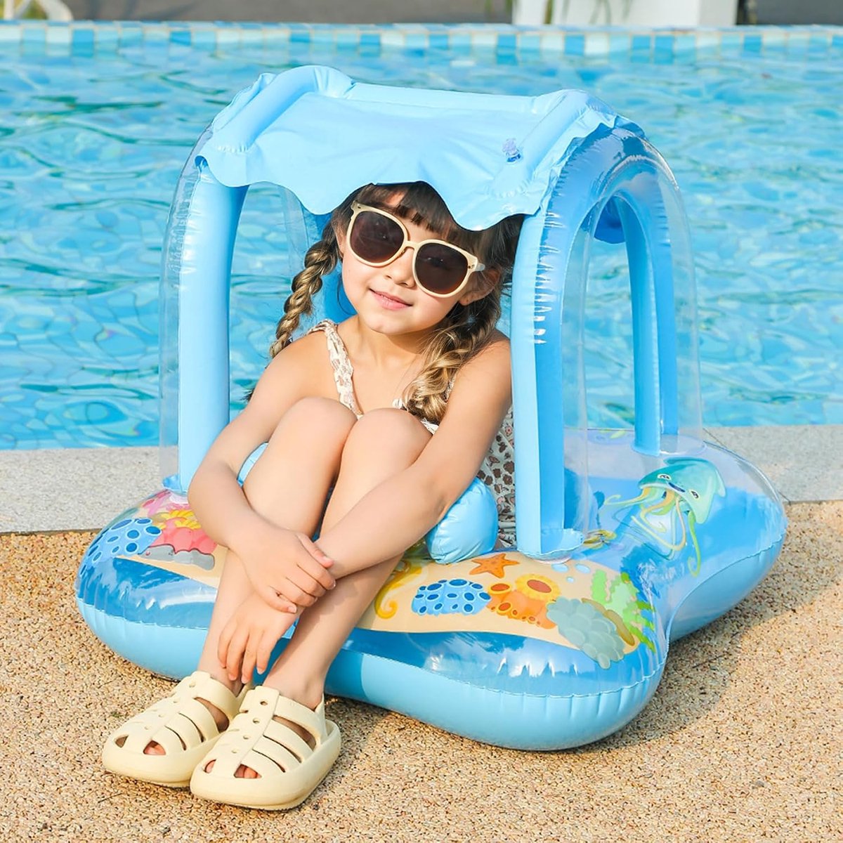 1 stuk - Babyzwemmat met zonnescherm - Dierenprint - Opblaasbare zwemring - Waterspeelmat - 60*60*58 cm - Voor baby's en peuters van 0 tot 6 maanden om in het water te spelen - Blauw – foto 4