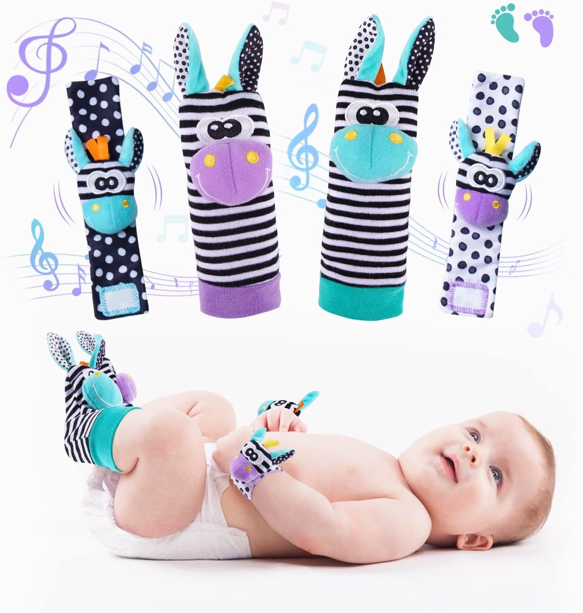 Babysokken - Montessori speelgoed 0-6 maanden - Baby rammelaar - 4 stuks pasgeboren rammelaar pols- en enkelsokken voor baby's - Sensorische rammelaars - Zacht speelgoed - Paarse