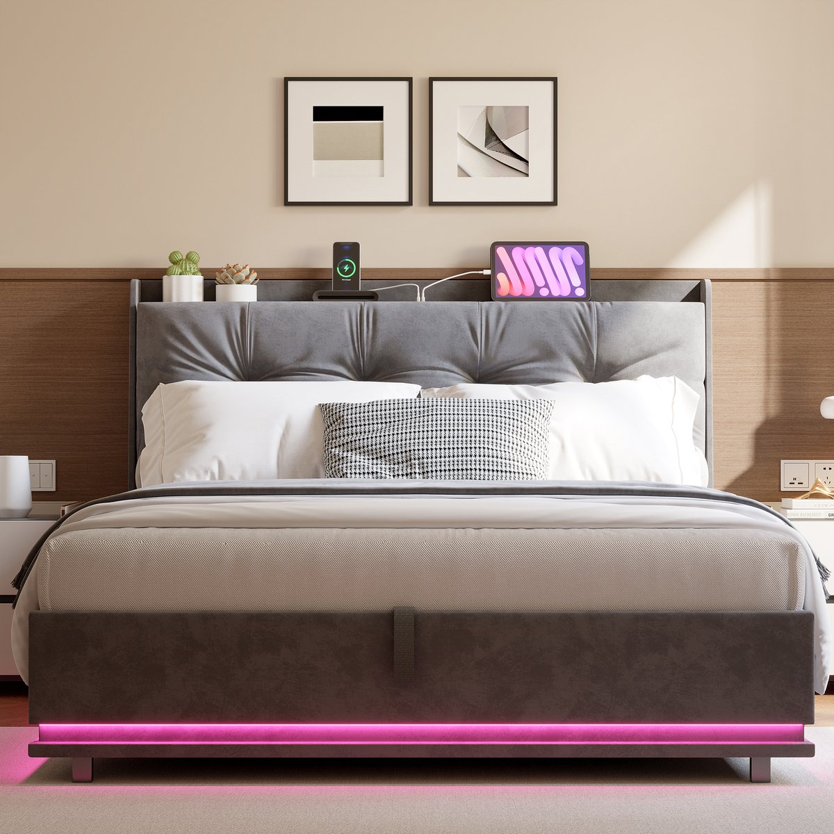 Opbergbed 140x190 Grijs – Velvet Gestoffeerd Bed met LED & USB-C – Hydraulisch Bed met Hoofdbord Opbergruimte en Lattenbodem