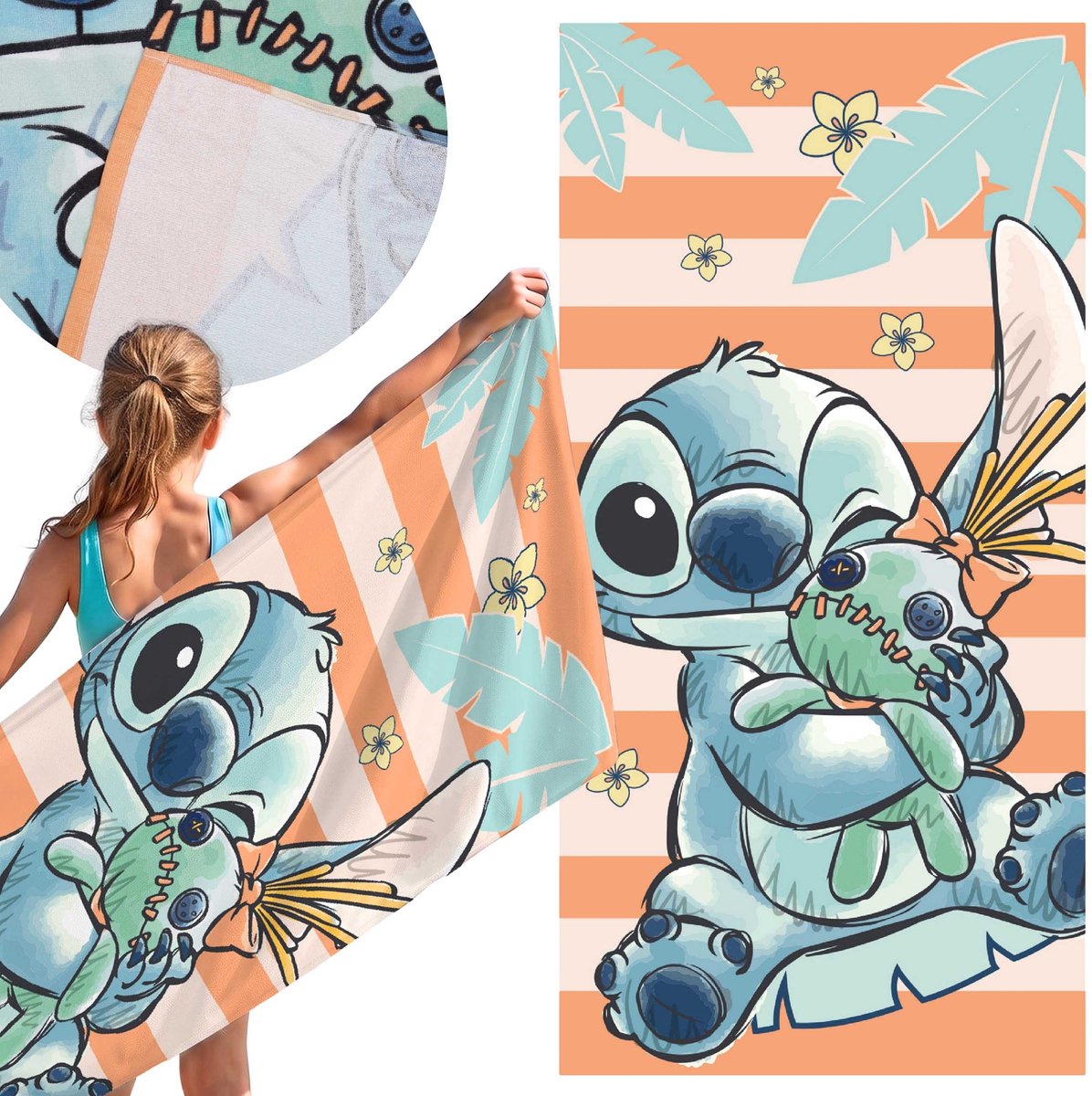DISNEY Stitch Oranje, SNELDROGEND Strandlaken, badlaken VOOR MEISJES, 100% KATOEN 70x140 cm OEKO-TEX