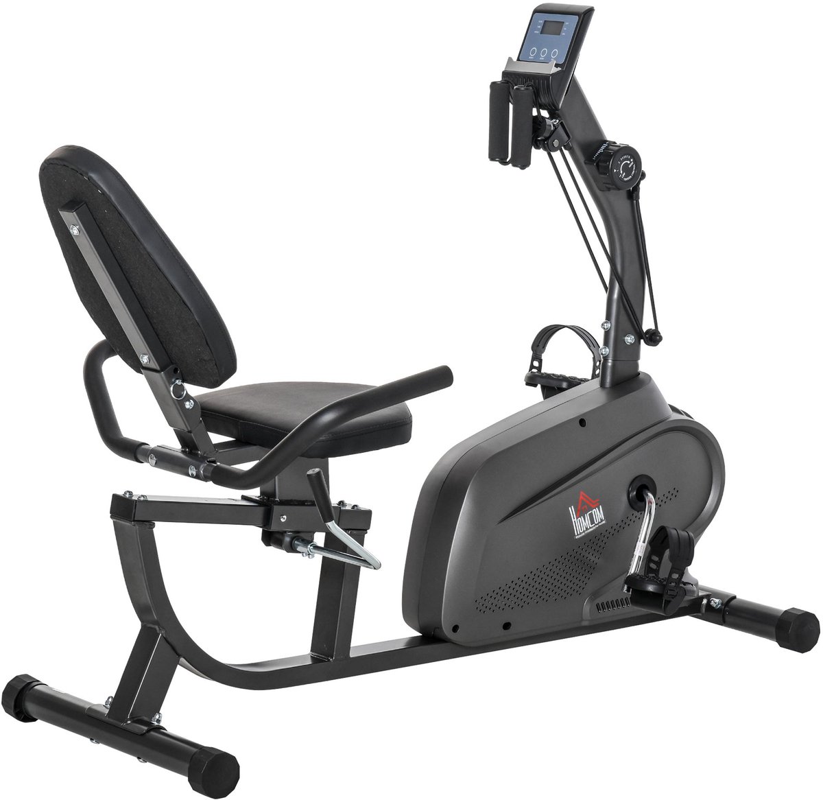 Hometrainer fietstrainer vliegwiel hometrainer horizontale sportwagen half liggende magnetron sportwagen multifunctionele LCD-scherm, 8 niveaus verstelbare magnetische, verstelbare zitkussen, 2 versnellingen weerstand, zwart staal, 121 x 62 x 101 cm
