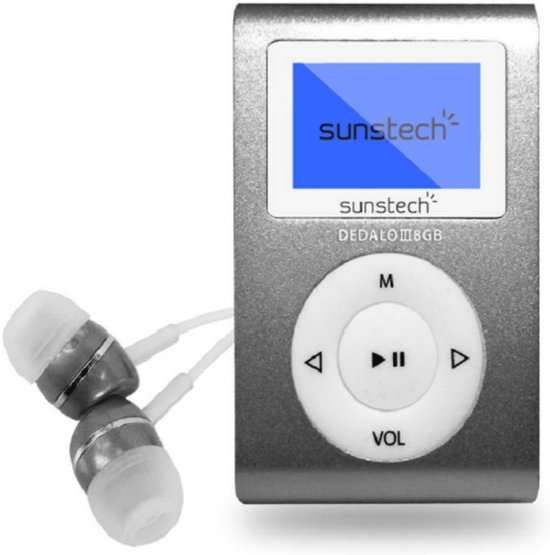 Zilveren digitale MP3-speler met bedieningsknoppen, een scherm met 'sunstech'-logo en bijpassende oordopjes.