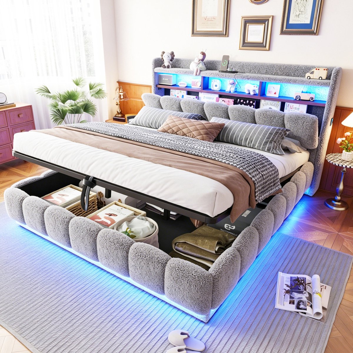 PHOEBE CAT Gestoffeerd bed - 180 × 200 cm - Opbergruimte - LED-verlichting - Oplaadpoort - Metalen lattenbodem - Grijs
