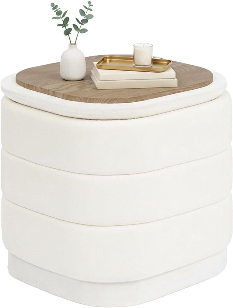 SnelShoppen - Bonlife Poef met Opbergruimte, Opvouwbare Voetenbank en Tafel, Fluwelen Voetensteun voor Woonkamer, Slaapkamer, Hal, Wit 38 x 38 x 38 cm