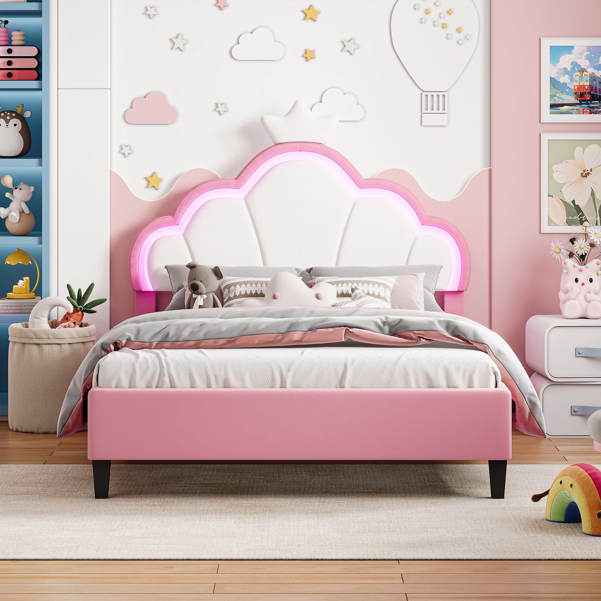 Kinderbed 140x190 cm, prinsessenbed met led hoofdbord verlichting, verstelbaar kroon hoofdbord, fluwelen gestoffeerd bed wit roze, zonder matras