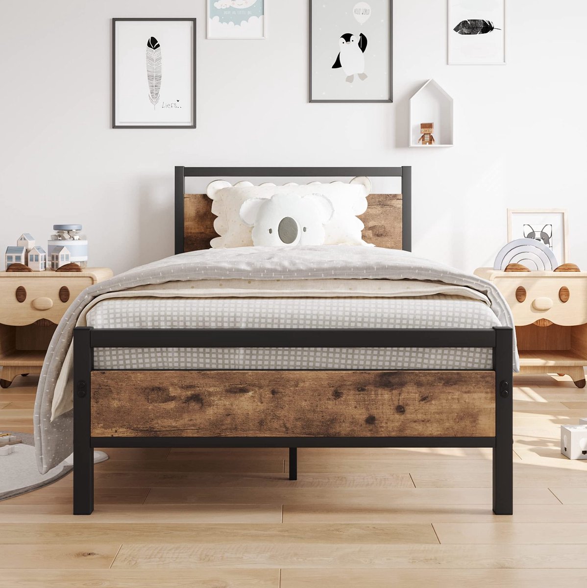 FloraGrace Bedframe 90x200cm - Metaal En MDF - Met Lattenbodem En Opbergruimte - Industrieel Design - Bruin En Zwart - Zonder Matras