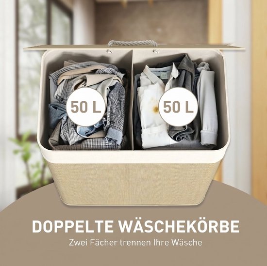 COVREO Wasmand 52x32x63 cm wit, bamboe 100 L met deksel en 2 vakken — afbeelding 4