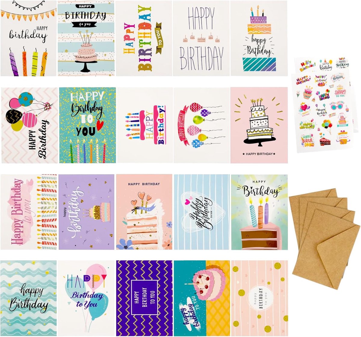 SnelShoppen - Verjaardagskaarten set van 20 - Kleurrijke en feestelijke kaarten voor verjaardagen, gelegenheden, feestjes, met enveloppen, 15x10 cm, p