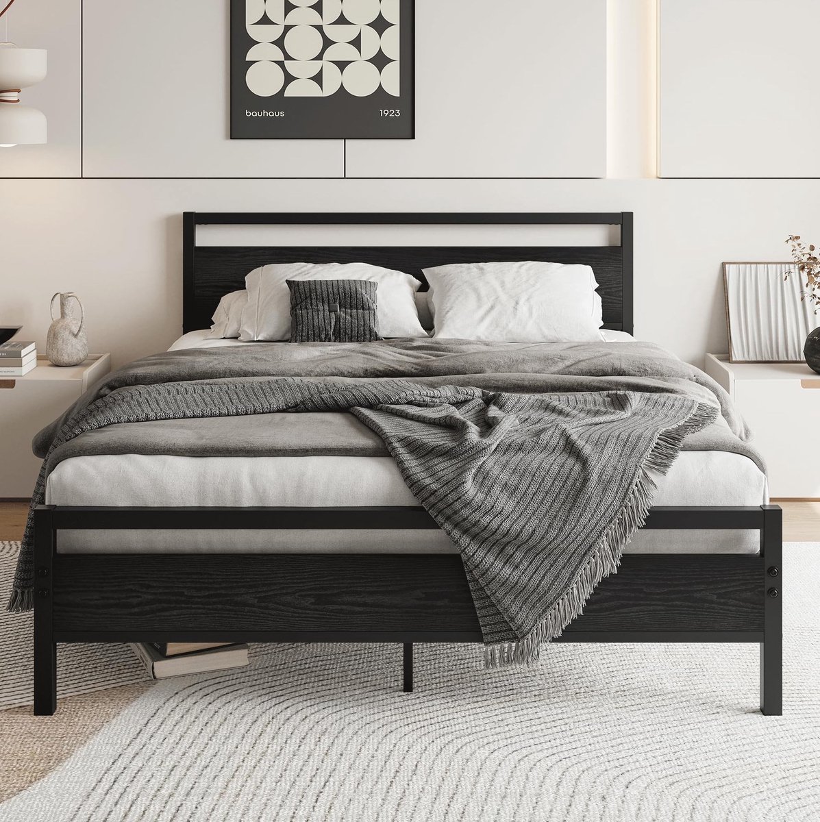 FloraGrace Bed 140x200 cm - Metalen Bedframe Met Lattenbodem En Opbergruimte - MDF Houtlook - Tweepersoons - Zwart - Zonder Matras
